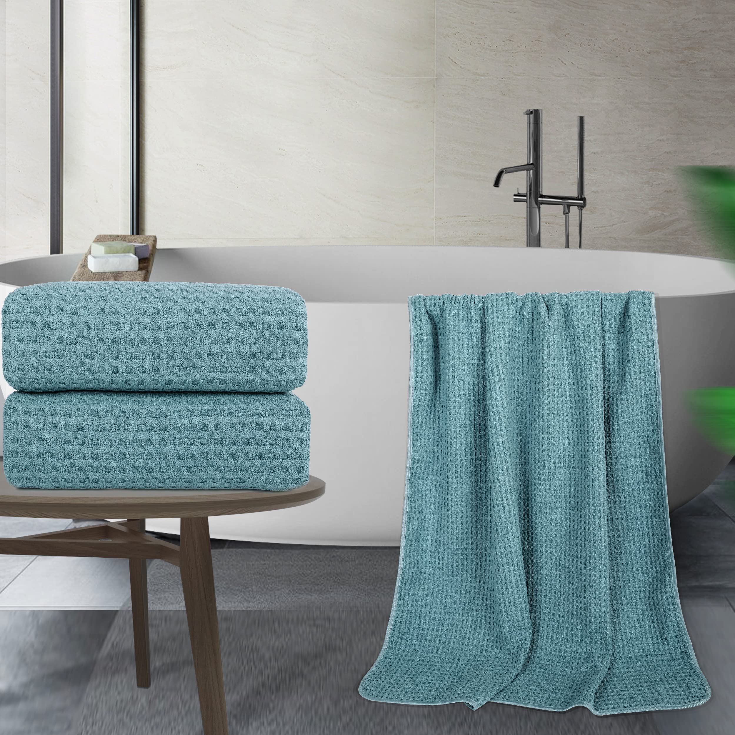 Polyte Microfiber Oversize Quick Dry Lint Free Bath Towel, 60 X 30 In, Set Of 2 (Green, Waffle Weave)